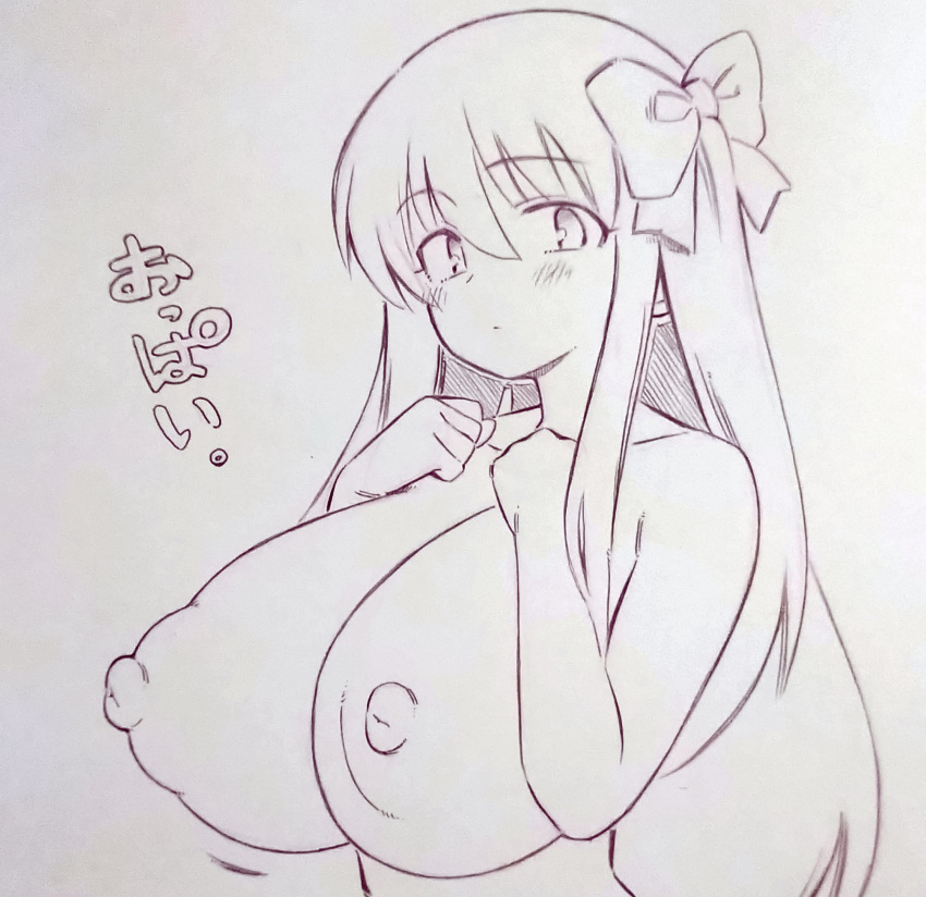 1girl blush bow breasts collarbone commentary_request hair_between_eyes hair_bow haramura_nodoka highres huge_breasts long_hair looking_at_viewer monochrome nipples saki solo traditional_media tsukareta_san upper_body