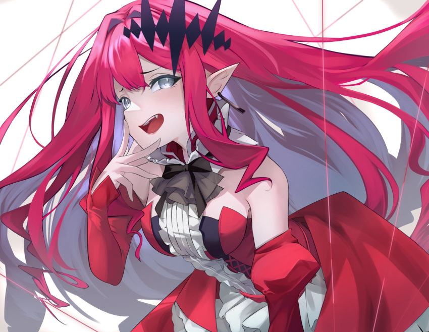 1girl baobhan_sith_(fate) bare_shoulders black_bow bow center_frills detached_collar detached_sleeves dress earrings fate/grand_order fate_(series) frills genshu_doki grey_eyes highres jewelry long_hair looking_at_viewer open_mouth pink_hair pointy_ears red_dress sidelocks simple_background smile solo tiara