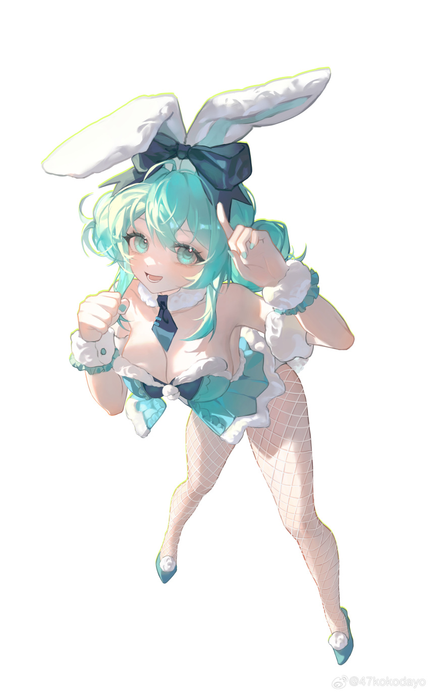 1girl 47ko :d absurdres animal_ears aqua_eyes aqua_footwear aqua_hair aqua_leotard aqua_nails bare_shoulders bicute_bunnies_miku blue_bow blue_necktie bow breasts cleavage clenched_hand detached_collar double_bun ear_bow fake_animal_ears fishnet_pantyhose fishnets from_above full_body fur_armlet fur_collar fur_cuffs hair_bun hands_up hatsune_miku highres index_finger_raised leaning_forward legs_apart leotard looking_at_viewer lower_teeth_only medium_breasts necktie open_mouth pantyhose playboy_bunny rabbit_ears short_necktie simple_background smile solo standing strapless strapless_leotard teeth tongue vocaloid weibo_logo weibo_username white_background wrist_cuffs