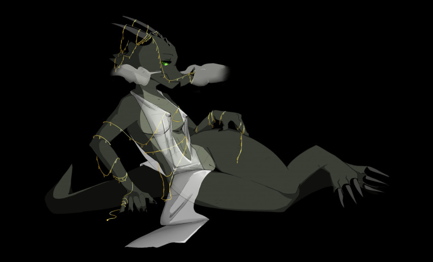 accessory adressa_(sindri) anthro bottomwear breasts clothed clothing digital_media_(artwork) dragon female furgonomics gold_(metal) green_body horn horn_accessory hornband looking_at_viewer solo translucent translucent_clothing vfad