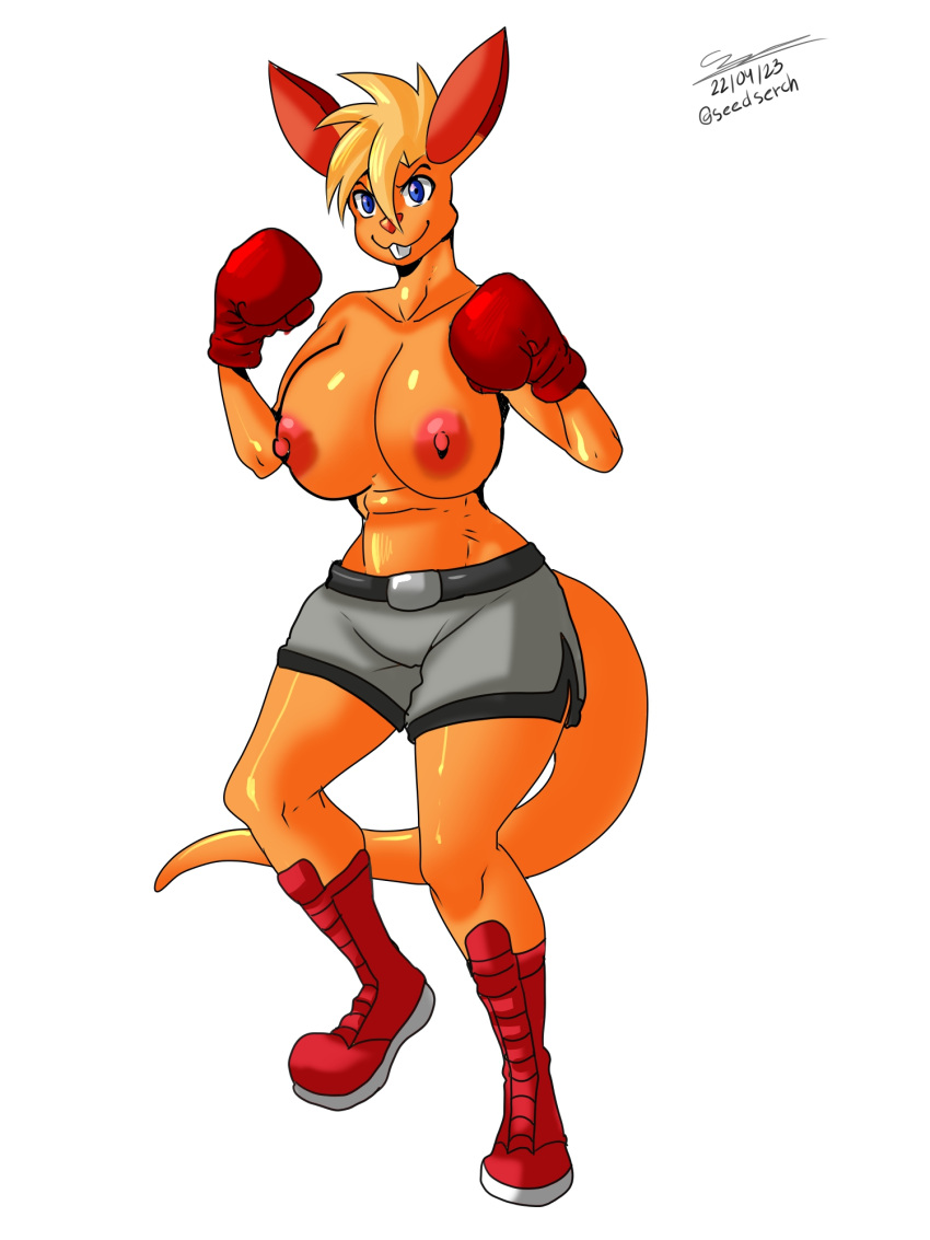 3:4 anthro big_breasts boxing boxing_gloves breasts clothed clothing female handwear hi_res ko_(fabio_paulino) mastersaruwatari sport topless topless_anthro topless_female