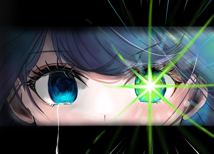 1girl aqua_eyes blue_eyes blue_hair close-up crying eye_focus eyelashes glint green_eyes highres kurokawa_akane letterboxed looking_at_viewer oshi_no_ko outside_border shining single_empty_eye solo split_theme star_(symbol) star_in_eye straight-on swept_bangs symbol_in_eye tears tsubatarou_(tubaaaaame)