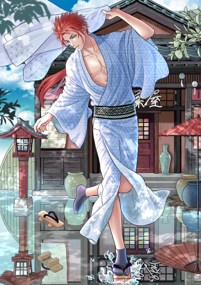 1boy absurdres alternate_costume amaoto_888 architecture blue_kimono collarbone earrings east_asian_architecture facial_mark final_fantasy final_fantasy_vii final_fantasy_vii_remake full_body geta green_eyes highres holding holding_clothes holding_jacket jacket japanese_clothes jewelry kimono lantern long_sleeves low_ponytail male_focus oil-paper_umbrella open_clothes open_kimono outdoors parted_bangs pectorals red_hair reflection reflective_water reno_(ff7) sandals shoes short_hair_with_long_locks single_shoe solo splashing umbrella vase water_drop wide_sleeves