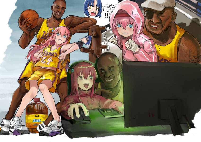 1girl 2boys agemasen!_(meme) ball bandaged_hand bandages basketball basketball_(object) basketball_jersey basketball_player basketball_uniform blue_eyes blue_hair bocchi_the_rock! character_request commentary crossover dark-skinned_male dark_skin drink elbow_pads eyepatch gotoh_hitori hair_between_eyes highres holding_mouse_(computer) hood hood_up hooded_jacket hooded_track_jacket jacket keyboard_(computer) knees_together_feet_apart kobe_bryant looking_at_screen los_angeles_lakers megalo_box meme monitor mouse_(computer) multiple_boys multiple_views national_basketball_association open_mouth parody pink_hair pink_jacket shorts sportswear teeth track_jacket translated umamusume upper_teeth_only very_dark_skin white_headwear yamada_ryo yamatori yellow_shorts