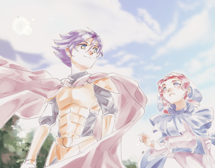 1boy 1girl albert_odyssey armor bracer cape character_request cloud day dress eye_contact headband hood long_hair looking_at_another open_mouth outdoors purple_hair red_hair standing tenshuyaki