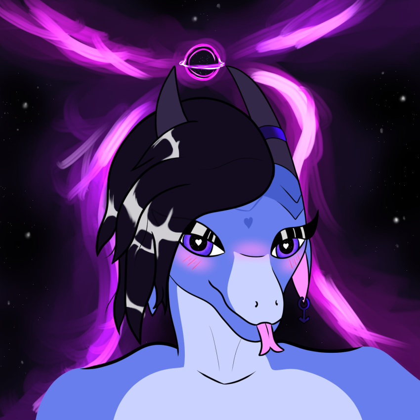 &lt;3 &lt;3_eyes anthro black_hair blackhole blue_body blush blush_lines cutie_mark dragon ear_piercing eyeliner gala_(galacticscalie) galacticscalie girly hair hasbro hi_res horn horn_jewelry horn_ring jewelry makeup male my_little_pony piercing ring_(jewelry) scalie snout solo space tongue tongue_out