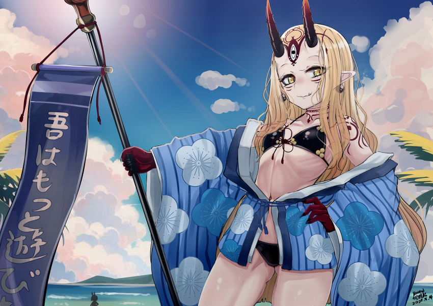 2girls artist_name b.d banner bare_shoulders bikini black_bikini black_nails blonde_hair blue_kimono blue_sky breasts cloud commentary dated day earrings facial_mark fate/grand_order fate_(series) fingernails forehead_mark hand_on_own_hip holding horns ibaraki_douji_(fate) ibaraki_douji_(swimsuit_lancer)_(fate) japanese_clothes jewelry kimono long_hair looking_at_viewer multiple_girls navel ocean oni oni_horns pointy_ears ribs sharp_fingernails shuten_douji_(fate) sky small_breasts smile solo_focus sun swimsuit tattoo tusks very_long_hair yellow_eyes