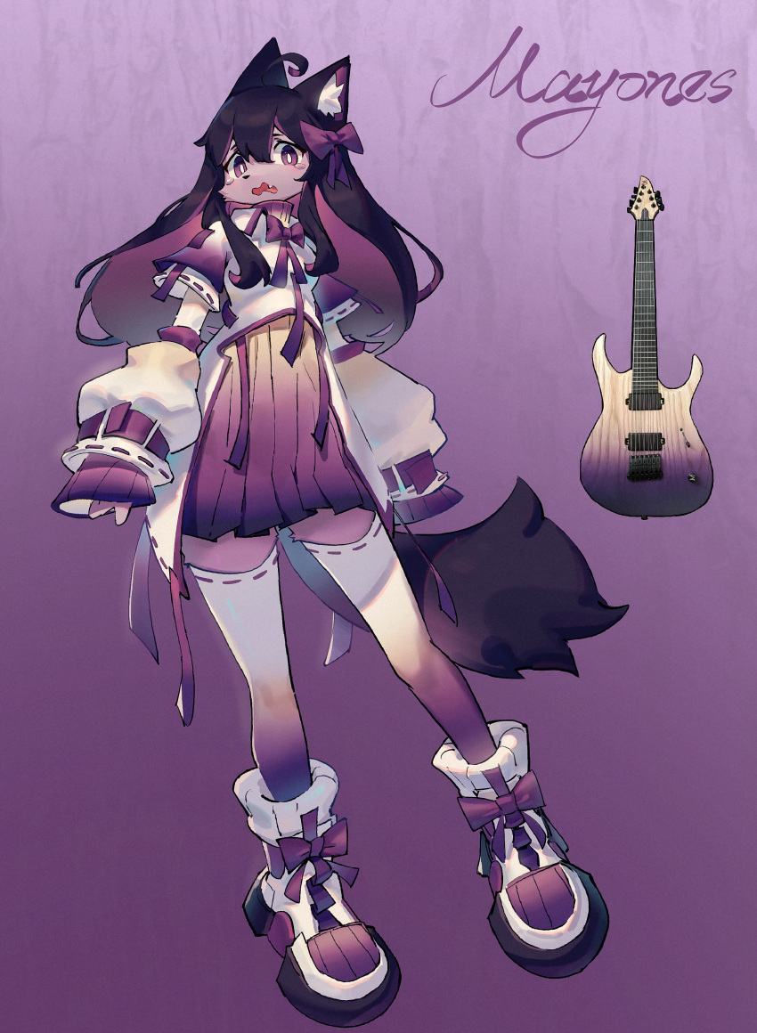 1girl absurdres ahoge animal_ear_fluff animal_ears ankle_boots black_hair body_fur boots bow bowtie bright_pupils cat_ears cat_girl cat_tail colored_inner_hair commentary detached_sleeves dress fang footwear_bow frown full_body furry furry_female gradient_legwear guitar hair_bow highres instrument jacket long_hair looking_at_viewer multicolored_hair open_mouth original personification purple_background purple_bow purple_bowtie purple_dress purple_eyes purple_fur purple_hair purple_theme purple_thighhighs scared shiiorina simple_background sleeves_past_wrists solo standing symbol-only_commentary tail tareme tears thighhighs turtleneck_dress two-tone_hair wavy_mouth white_jacket white_pupils white_thighhighs
