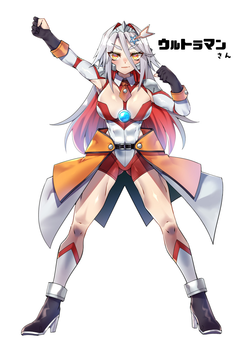 1girl absurdres animification character_name color_timer full_body genderswap genderswap_(mtf) highres personification red_hair ultra_series ultraman ultraman_(1st_series) white_hair yamany yellow_eyes