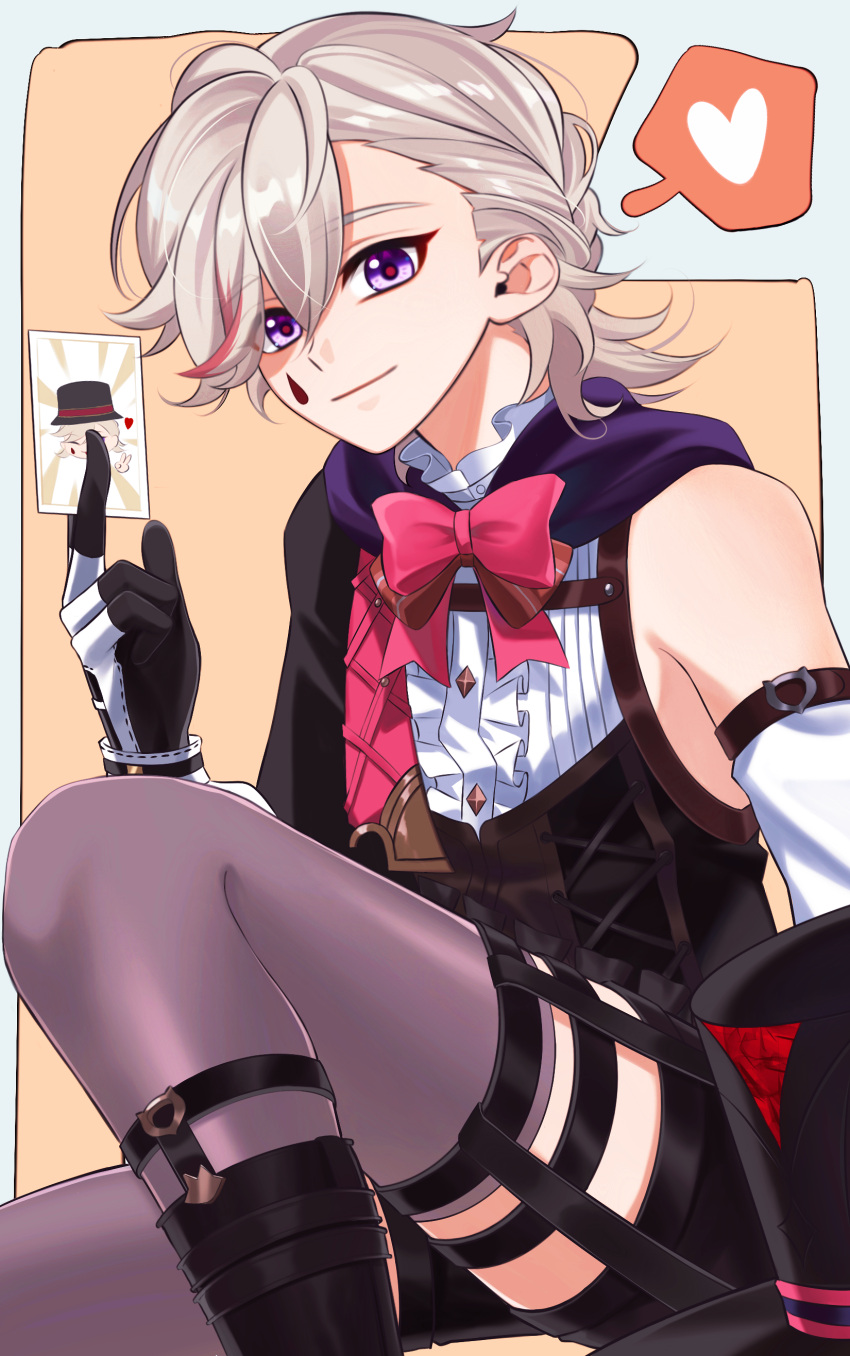 1boy absurdres asymmetrical_bangs blonde_hair bow bowtie cape card genshin_impact highres koushuijun lyney_(genshin_impact) male_focus pink_bow pink_bowtie playing_card procreate_(medium) purple_cape purple_eyes smile solo teardrop_facial_mark two-tone_gloves