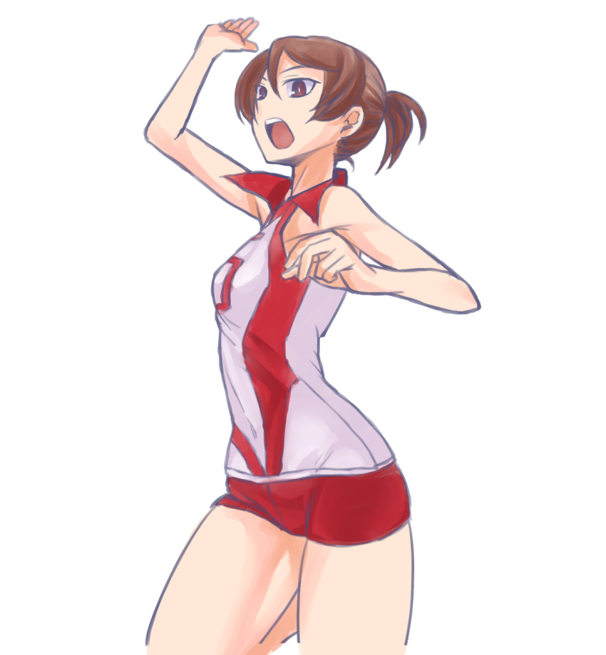 1girl arm_up brown_eyes brown_hair commentary covered_navel frown girls_und_panzer highres kawanishi_shinobu leg_up looking_to_the_side nabeyu open_mouth red_shirt red_shorts shirt short_hair short_ponytail short_shorts shorts simple_background sleeveless sleeveless_shirt solo spiking sportswear standing standing_on_one_leg volleyball_uniform white_background