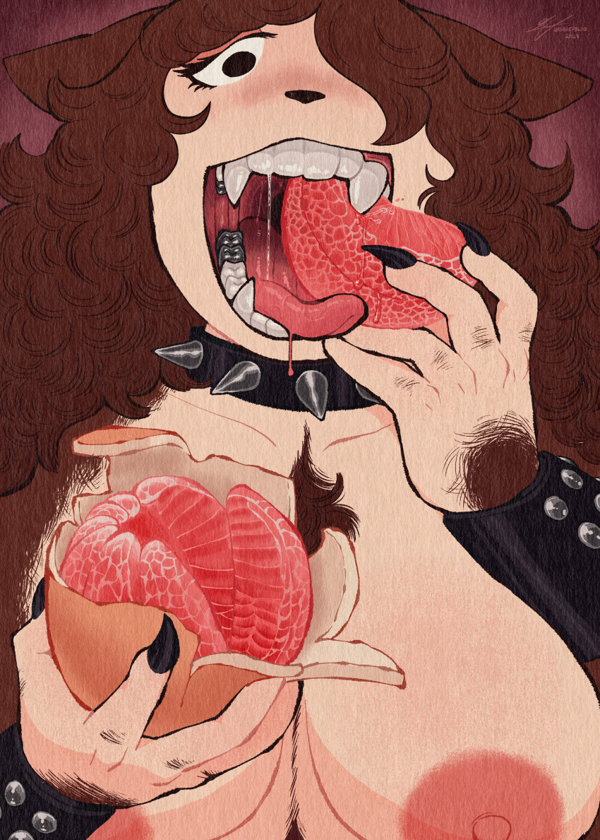 absurd_res anthro areola bedroom_eyes big_breasts bodily_fluids bracelet breasts brown_body brown_fur brown_hair canid canine chest_tuft collar dripping drooling eating eating_food fangs female fur grapefruit hair hair_over_eye half-closed_eyes hi_res huge_breasts jewelry long_hair mammal mouth_shot narrowed_eyes nipples one_eye_obstructed open_mouth open_smile pepper_(wonderslug) pink_areola pink_nipples purple_background saliva saliva_drip saliva_string seductive simple_background smile solo spiked_collar spikes studded_bracelet teeth tongue tongue_out tooth_crown tuft were werecanid werecanine werewolf wonderslug
