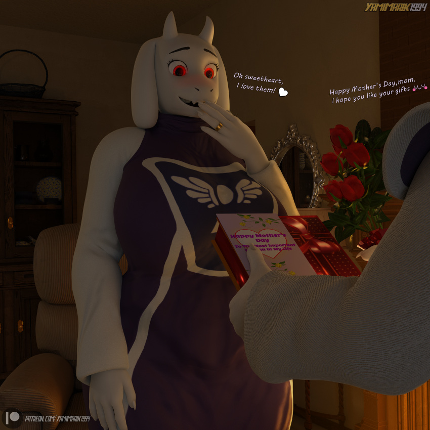 3d_(artwork) absurd_res age_difference asriel_dreemurr asriel_dreemurr_(god_form) blush bovid caprine clothing dialogue digital_media_(artwork) goat hi_res holidays huge_filesize mammal monster mother mother's_day mother_and_child mother_and_son parent parent_and_child son toriel undertale undertale_(series) yamimarik1994