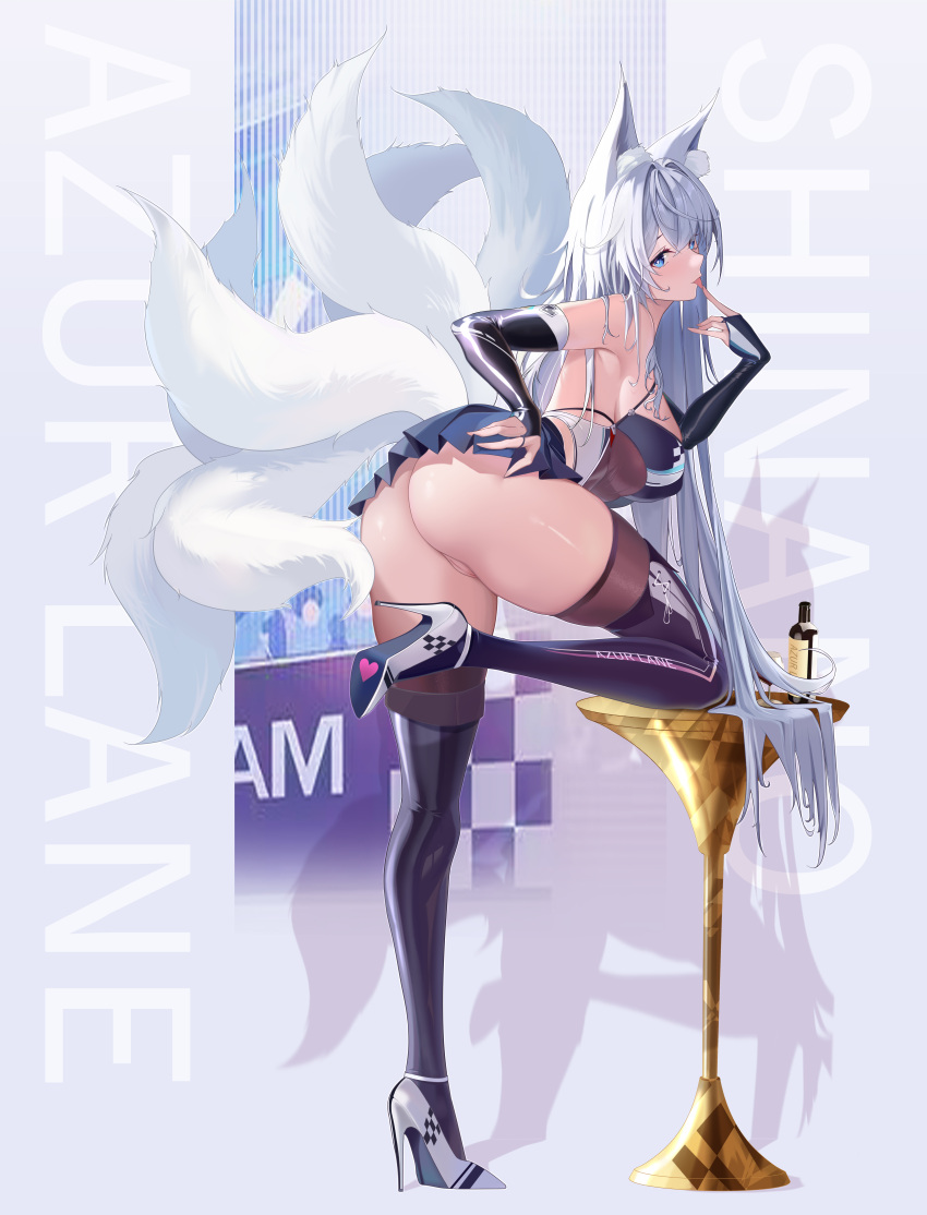 1girl absurdres animal_ears azur_lane bare_shoulders black_gloves blush breasts cleavage covered_navel detached_collar detached_sleeves fox_ears fox_girl fox_tail full_body gloves high_heels highres large_breasts latex leotard long_hair looking_at_viewer multiple_tails official_alternate_costume purple_eyes race_queen shinano_(azur_lane) shinano_(moonlit_chrome)_(azur_lane) skin_tight skindentation skirt solo tail very_long_hair white_hair