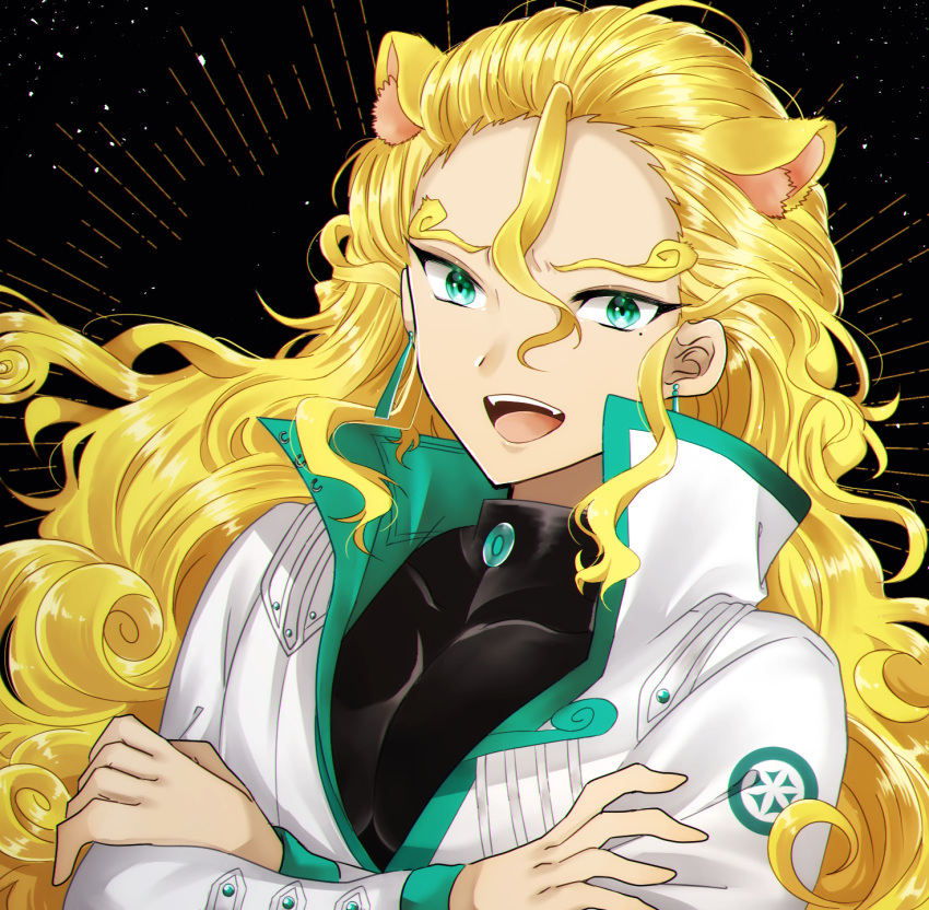 1boy black_background black_shirt blonde_hair chocolate-moka crossed_arms green_eyes highres jacket komainu_boy komainu_ears long_hair long_sleeves looking_at_viewer male_focus mole mole_under_eye open_mouth shirt show_by_rock!! smile sojun_(show_by_rock!!) solo wavy_hair white_jacket