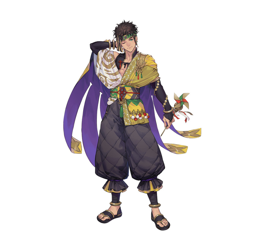 1boy arm_behind_head baggy_pants bracelet bridal_gauntlets brown_eyes brown_hair claude_von_riegan claude_von_riegan_(winds_offered) fire_emblem fire_emblem:_three_houses fire_emblem_heroes gold_cape headband holding_pinwheel jewelry looking_at_viewer non-web_source official_alternate_costume official_art one_eye_closed pants pinwheel single_bare_shoulder smile solo white_background