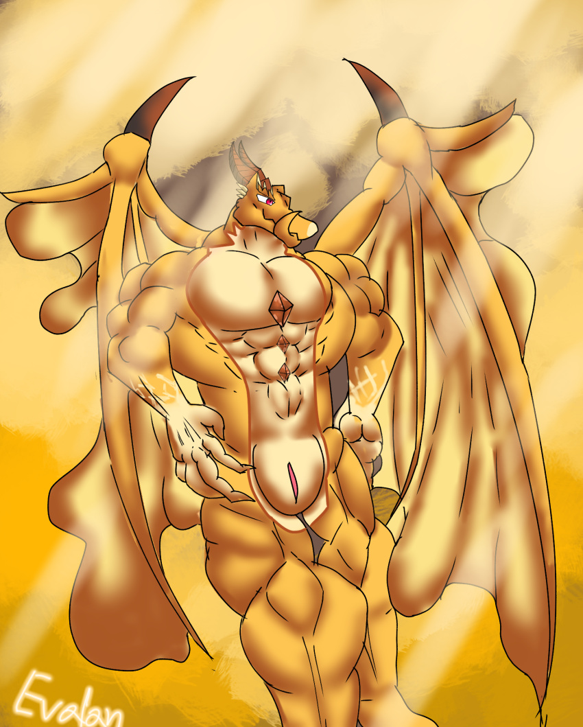 anthro dragon evalan_varanger hi_res lifewonders male muscular muscular_anthro ophion pecs scales scalie slit solo tokyo_afterschool_summoners western_dragon wings yellow_body