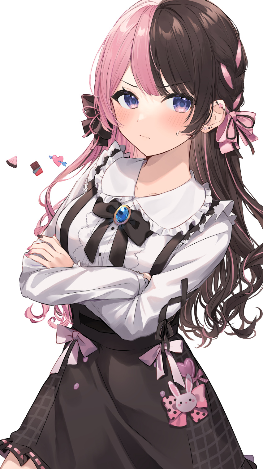 1girl absurdres apollo_chocolate black_bow black_nails black_skirt blue_eyes blush bow breasts brown_hair chocolate closed_mouth crossed_arms dress_shirt ear_piercing earrings hair_bow hair_ribbon highres iris_black_games jewelry long_hair long_sleeves looking_at_viewer medium_breasts miniskirt multicolored_hair nail_polish piercing pink_bow pink_hair pink_nails pink_ribbon ribbon shirt simple_background skirt solo split-color_hair standing suspender_skirt suspenders sweatdrop tachibana_hinano_(vtuber) two-tone_hair virtual_youtuber vspo! white_background white_shirt yuzutouhu_ika