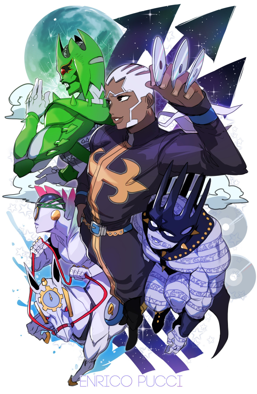 1boy absurdres belt black_footwear c-moon_(stand) cassock cd character_name clenched_teeth cloud colored_skin crown dark-skinned_male dark_skin enrico_pucci feather_collar feathers full_moon grin hand_up highres holding holding_cd holding_reins horse jojo_no_kimyou_na_bouken lightsource long_sleeves made_in_heaven_(stand) moon red_eyes reins sideburns smile spikes stand_(jojo) stone_ocean teeth white_hair whitesnake_(stand)