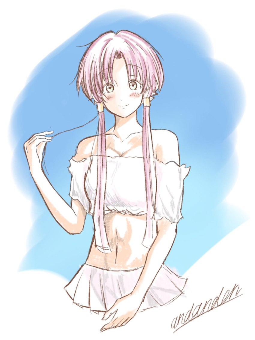 1girl alternate_costume andanden aria bikini bikini_skirt blush breasts closed_mouth collarbone cropped_torso eyelashes grey_eyes hair_tubes hand_up highres looking_at_viewer mizunashi_akari navel parted_bangs pink_hair short_hair_with_long_locks signature sketch solo swimsuit white_bikini