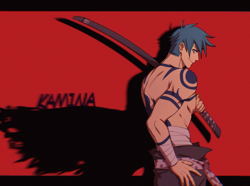 1boy 2608337875 blue_hair chest_tattoo different_shadow from_side hand_on_own_hip highres kamina_(ttgl) katana midriff_sarashi sarashi sheath sheathed solo sword tattoo tengen_toppa_gurren_lagann topless_male weapon