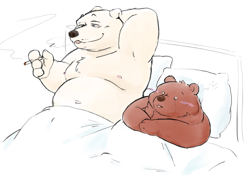 0ottotto0 2023 anthro bear bed bedding belly blanket blush brown_body duo furniture hi_res humanoid_hands kemono male mammal moobs nipples overweight overweight_male pillow polar_bear smoking ursine white_body