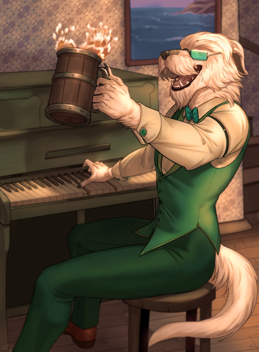 2023 5_fingers anthro black_lips black_nose canid canine canis clothed clothing digital_media_(artwork) domestic_dog eyewear fingers fur glasses hi_res keyboard_instrument lips male mammal musical_instrument necroizu open_mouth piano smile teeth tongue white_body white_fur