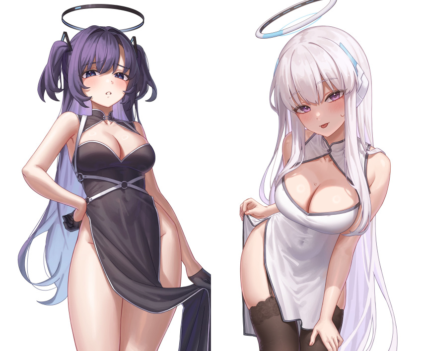 2girls absurdres alternate_costume armpits bare_arms bare_shoulders black_dress black_gloves black_hair blue_archive blue_eyes breasts brown_thighhighs china_dress chinese_clothes cleavage cleavage_cutout closed_mouth clothes_lift clothing_cutout colored_inner_hair covered_navel cowboy_shot dress garter_straps gloves hair_ornament half_gloves halo hand_on_own_hip hand_on_own_thigh headgear highres large_breasts leaning_forward legs long_hair looking_at_viewer multicolored_hair multiple_girls no_panties noa_(blue_archive) open_mouth pelvic_curtain pelvic_curtain_lift purple_eyes purple_hair raki_kr short_dress simple_background sleeveless sleeveless_dress smile standing sweatdrop thighhighs thighs tongue tongue_out two_side_up very_long_hair white_background white_dress white_hair yuuka_(blue_archive)