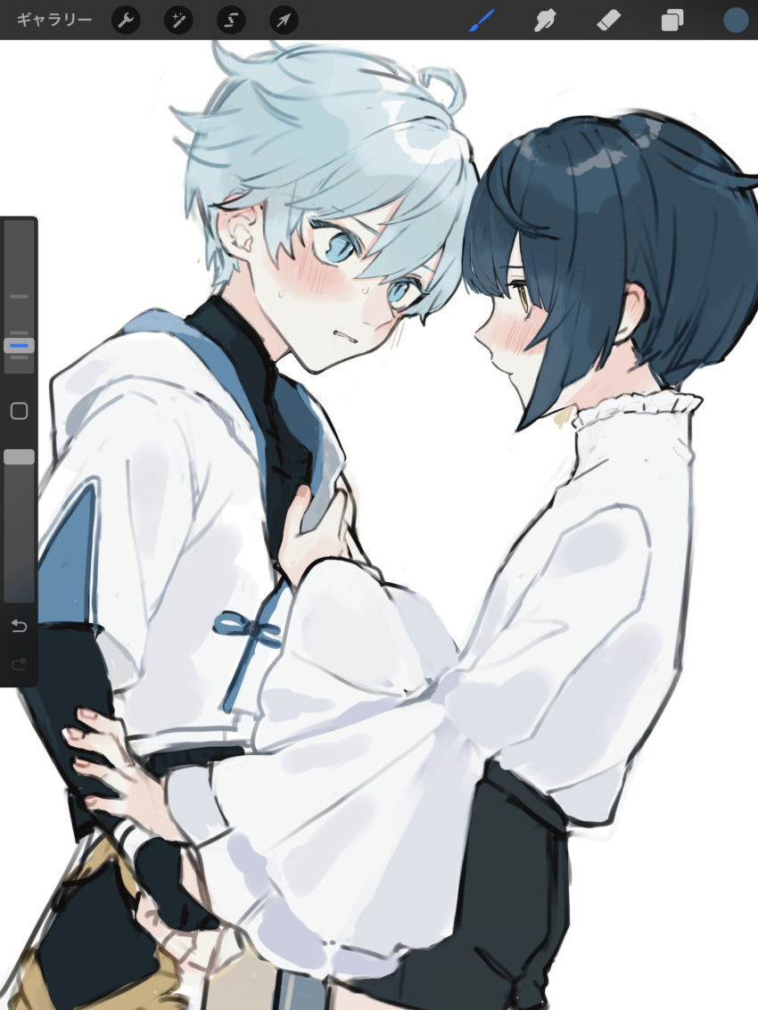 2boys ahoge androgynous blue_eyes blue_hair blunt_bangs blunt_ends blush chongyun_(genshin_impact) closed_mouth eye_contact frilled_sleeves frills from_side genshin_impact hair_between_eyes hand_on_another's_arm hand_on_another's_chest highres hnnoo hood hood_down hoodie light_blue_hair long_sleeves looking_at_another male_focus multiple_boys shirt short_hair simple_background upper_body user_interface white_background white_hoodie white_shirt wide_sleeves xingqiu_(genshin_impact) yaoi yellow_eyes