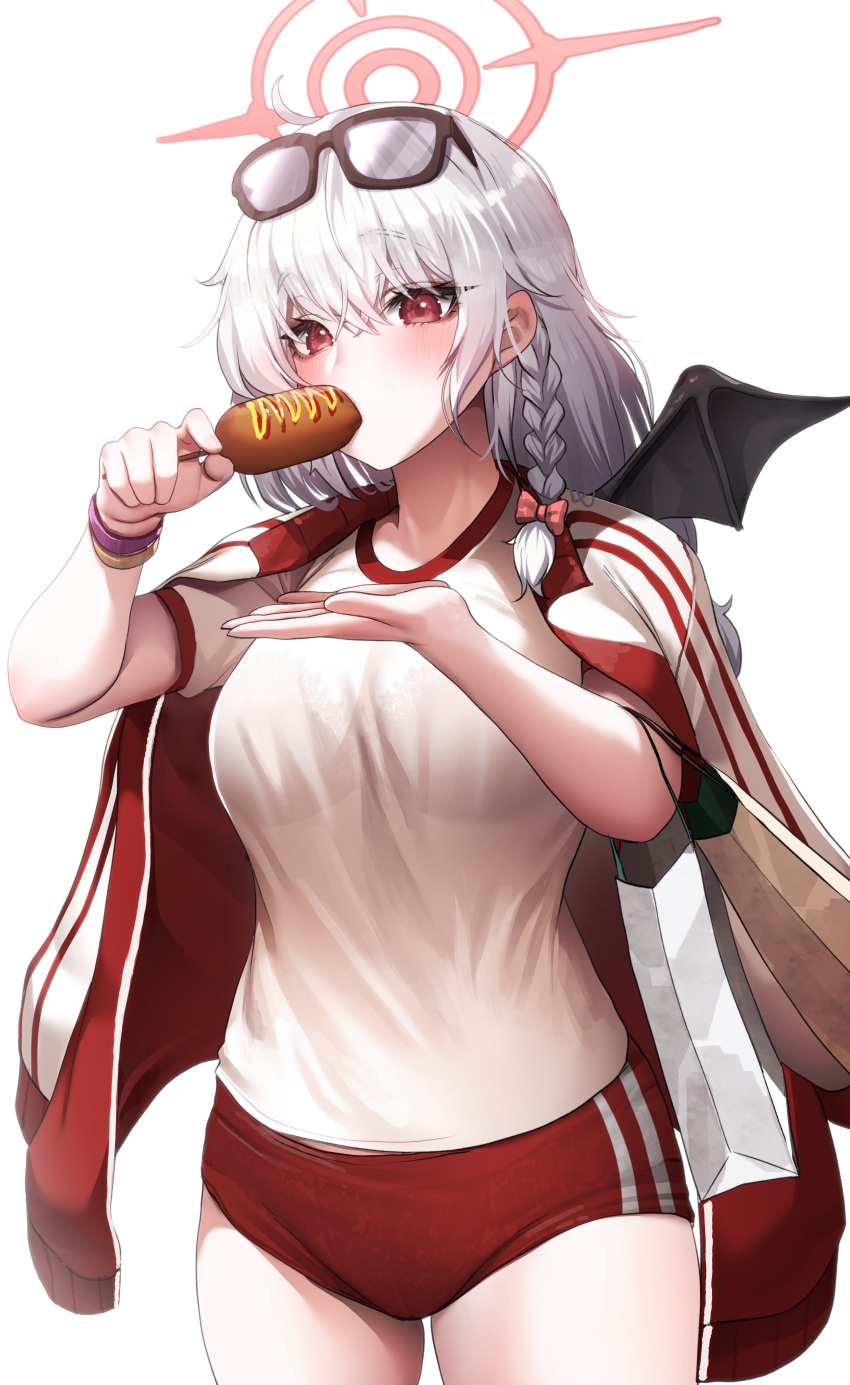 1girl absurdres blue_archive blush bra bra_visible_through_clothes bracelet braid breasts buruma demon_wings doyoon_7 eating eyewear_on_head grey_hair gym_uniform halo haruna_(blue_archive) highres hot_dog jacket jewelry large_breasts looking_at_viewer official_alternate_costume red_bra red_buruma red_eyes red_jacket single_braid single_wing solo tinted_eyewear track_jacket underwear wings