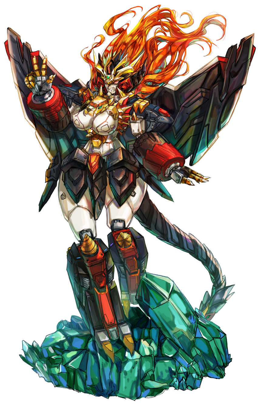 1girl absurdres breasts cleavage crystal full_body genesic_gaogaigar greatwhite1122 highres mecha mechanical_tail mechanical_wings orange_eyes orange_hair robot science_fiction solo super_robot tail thick_thighs thighs v v-fin white_background wings yuusha_ou_gaogaigar yuusha_ou_gaogaigar_final yuusha_series