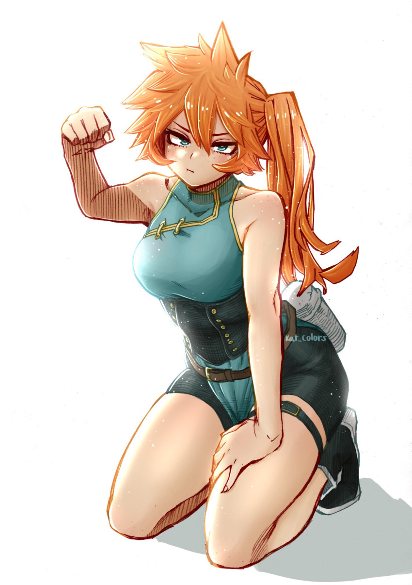 1girl artist_name blue_eyes boku_no_hero_academia breasts china_dress chinese_clothes clenched_hand collarbone dress hand_on_lap highres kendou_itsuka kneeling large_breasts long_hair looking_at_viewer orange_hair ponytail side_ponytail simple_background thighs white_background