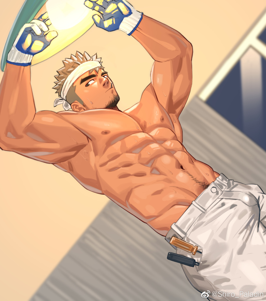 1boy abs armpits arms_up bara biceps bulge dark-skinned_male dark_skin denim electrodes from_below gloves groin headband highres jeans large_pectorals male_focus mature_male mechanic mouth_hold muscular muscular_male navel navel_hair nipples original pants pectorals screw screw_in_mouth screwdriver short_hair sideburns sideways_glance solo stomach sweat thick_eyebrows topless_male white_headband white_pants youchi123