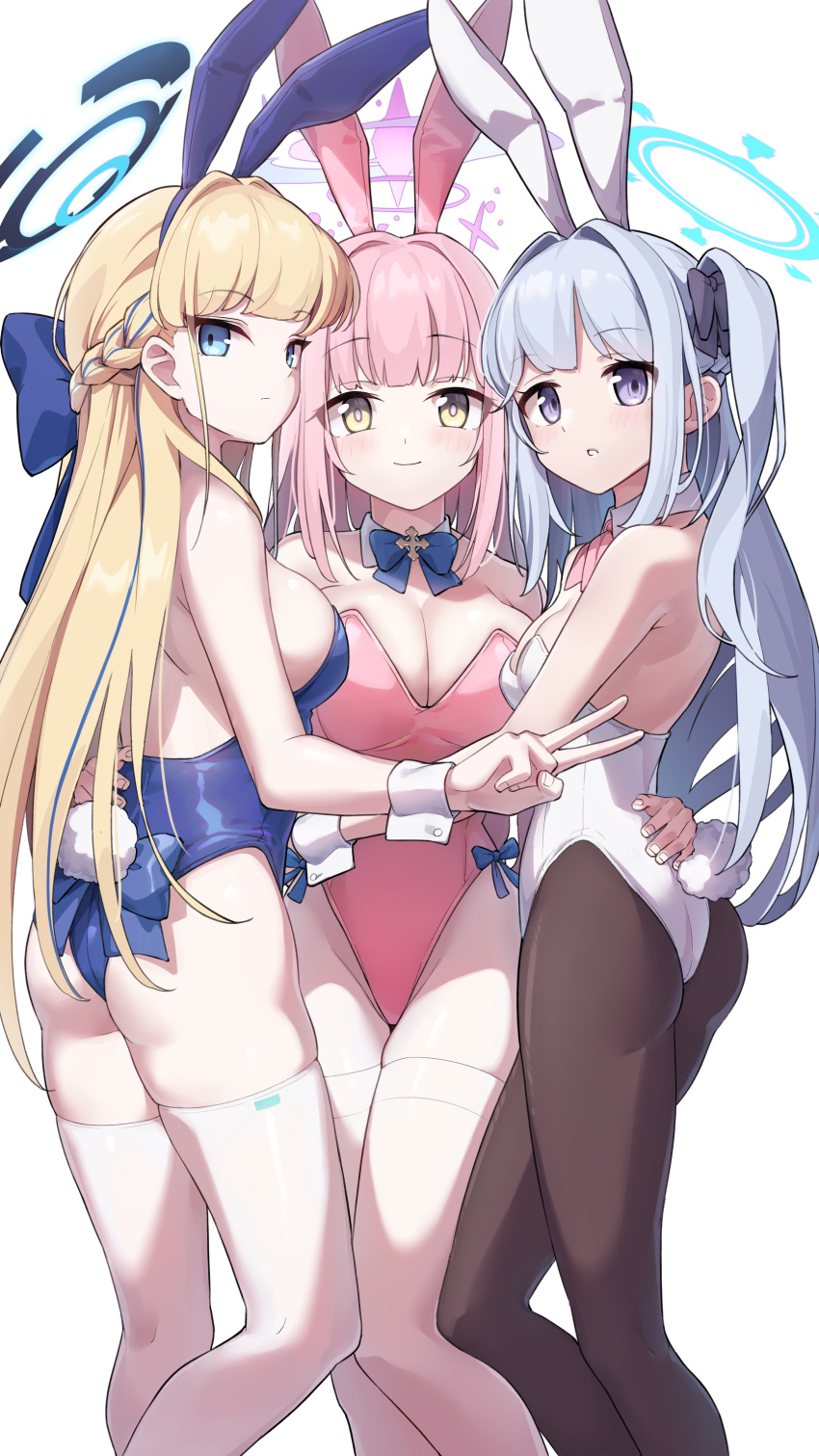 3girls absurdres alternate_costume animal_ears arukiru ass black_pantyhose blonde_hair blue_archive blue_bow blue_eyes blue_hair blue_halo blue_leotard blush bow braid breasts brown_pantyhose cleavage closed_mouth commentary commission detached_collar expressionless fake_animal_ears fake_tail grey_hair hair_bow halo hand_on_another's_hip highleg highleg_leotard highres large_breasts leotard long_hair looking_at_viewer medium_breasts mika_(blue_archive) miyako_(blue_archive) multicolored_hair multiple_girls official_alternate_costume pantyhose parted_lips pink_bow pink_hair pink_halo pink_leotard playboy_bunny purple_eyes rabbit_ears rabbit_tail side_ponytail sidelocks simple_background skeb_commission smile standing strapless strapless_leotard tail thighhighs toki_(blue_archive) toki_(bunny)_(blue_archive) two-tone_hair v white_background white_leotard white_thighhighs wrist_cuffs yellow_eyes