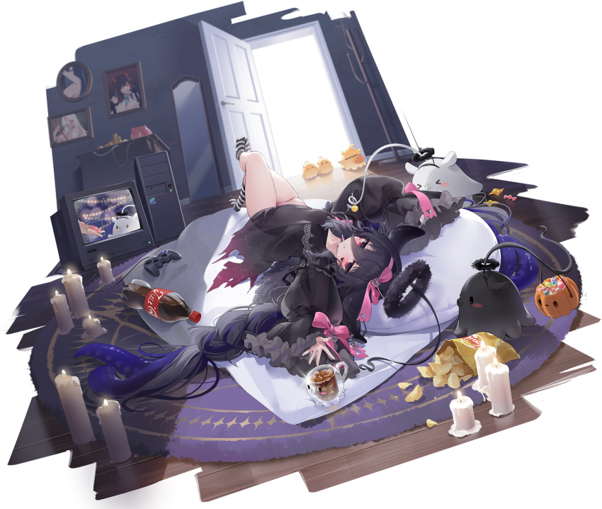 1girl azur_lane black_dress black_hair brand_name_imitation candle candy character_name chips_(food) controller dress drink food game_controller hair_between_eyes hair_ribbon highres indoors lace leg_up lollipop long_hair looking_at_viewer lying manjuu_(azur_lane) nys official_art on_back open_door panties photo_(object) pillow pink_panties pink_ribbon potato_chips pumpkin red_eyes ribbon see-through see-through_sleeves socks solo striped striped_panties striped_socks tentacle_hair thighs torn_clothes torn_dress underwear whydah_(azur_lane) whydah_(lazy_pirate_angel)_(azur_lane)