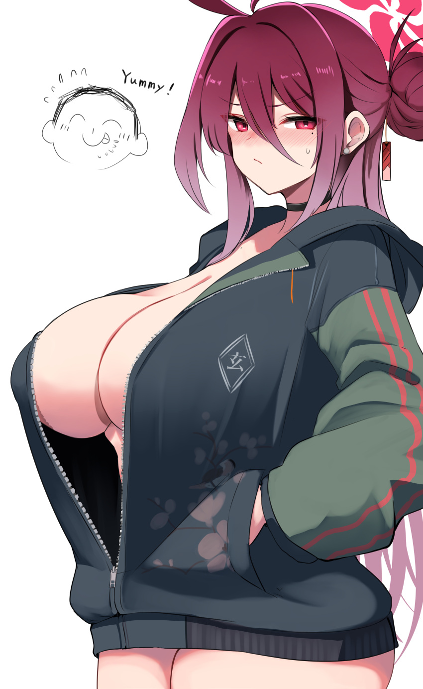 10eki_(tenchou) 1girl absurdres ahoge arona's_sensei_doodle_(blue_archive) black_jacket blue_archive blush breasts cleavage closed_mouth collarbone cowboy_shot hair_between_eyes hair_bun hands_in_pockets highres hood hood_down hooded_jacket huge_breasts jacket long_hair long_sleeves looking_at_viewer naked_jacket nose_blush open_clothes open_jacket red_eyes red_hair reizyo_(blue_archive) sensei_(blue_archive) simple_background single_hair_bun solo standing sweatdrop thighs white_background zipper