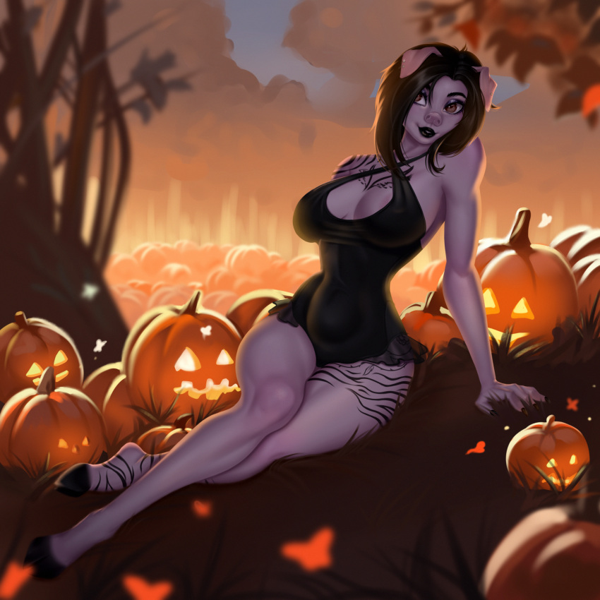 anthro areola belly_tattoo black_hair black_lips black_markings breasts brown_eyes chest_tattoo cleavage clothed clothing curvy_figure domestic_pig dress ear_piercing eyeshadow female genital_piercing genitals goth hair hi_res hooves jack-o'-lantern juliah_gnash_(zaphoros) leg_tattoo lips looking_at_viewer lying makeup mammal markings moirah nails navel navel_piercing piercing pink_body pink_nose pink_skin smile smiling_at_viewer solo suid suina sus_(pig) tattoo tight_clothing