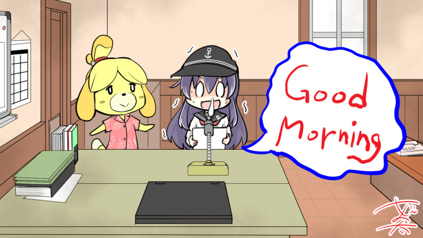 0_0 2girls akatsuki_(kancolle) anchor_symbol animal_crossing black_hair black_headwear blush_stickers book calendar_(object) commentary computer dog_girl flat_cap furry furry_female hat holding holding_paper ichininmae_no_lady indoors isabelle_(animal_crossing) kantai_collection laptop microphone multiple_girls neckerchief nervous nervous_sweating nyonyonba_tarou open_mouth paper phone pink_shirt red_neckerchief sailor_collar shaded_face shirt signature snot snot_trail speech_bubble sweat sweatdrop trembling white_shirt whiteboard window