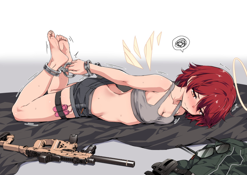 1girl arknights ass bare_arms bare_legs bare_shoulders barefoot bdsm black_shorts bondage bound commentary_request crop_top cuffs exusiai_(arknights) eyewear_removed glasses gun halo handcuffs hogtie kataokasan lying midriff on_stomach orange_eyes red_hair rifle sex_toy short_hair short_shorts shorts solo spoken_squiggle sports_bra squiggle thigh_strap thighs vibrator weapon white_background