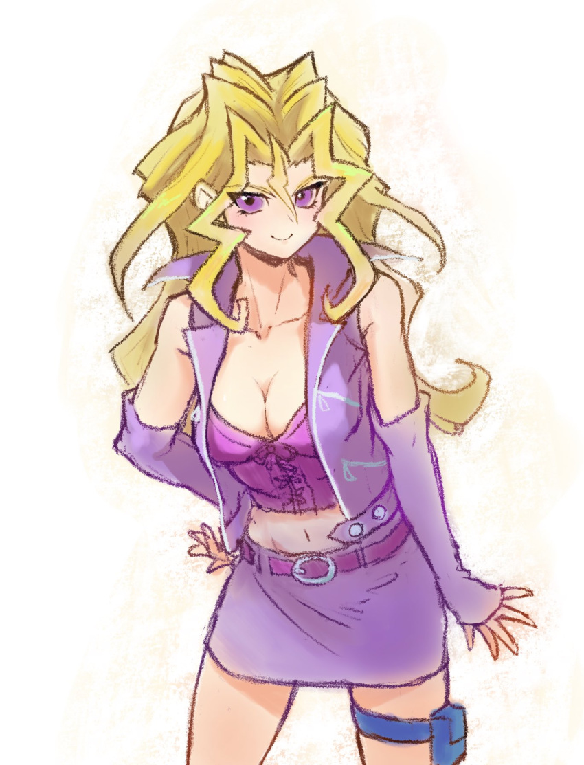 &gt;:) arm_warmers belt black_eyeliner blonde_hair breasts cleavage corset cowboy_shot crop_top detached_sleeves eyeliner facing_viewer hand_on_own_hip highres jacket kujaku_mai leaning leaning_forward long_hair makeup miniskirt navel open_clothes open_jacket purple_belt purple_corset purple_eyes purple_jacket purple_skirt sidelocks simple_background skirt sleeveless sleeveless_jacket smile standing thigh_strap v-shaped_eyebrows wavy_hair white_background youko-shima yu-gi-oh! yu-gi-oh!_duel_monsters