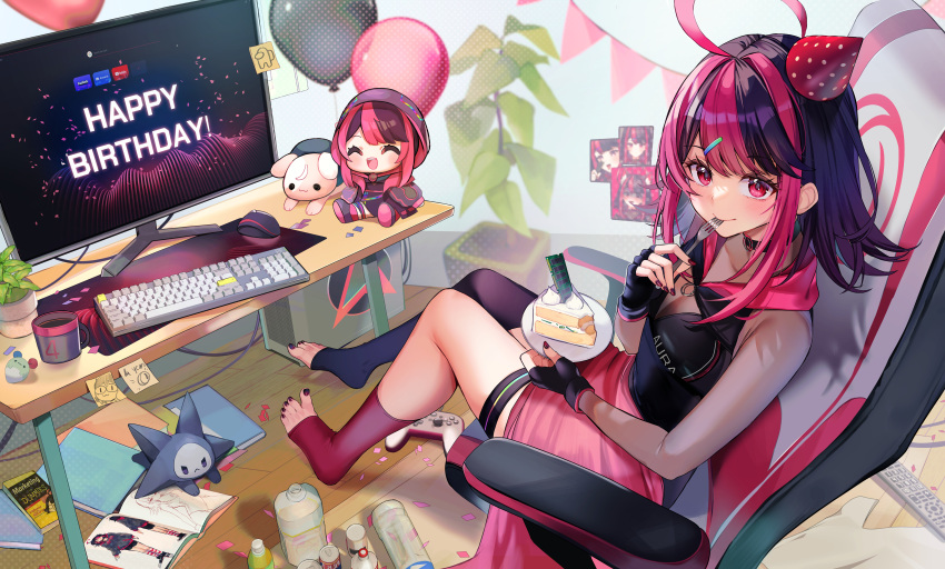1girl absurdres ahoge asymmetrical_legwear balloon black_choker black_gloves black_hair black_shirt black_thighhighs bottle cake cake_slice can chair character_doll character_name choker commentary controller cup desk eating english_commentary fingerless_gloves food for_dummies fork game_controller gaming_chair gloves gx_aura hair_ornament hairclip happy_birthday hat highres hood hood_down keyboard_(computer) long_hair mat monitor mug multicolored_hair official_art opera_gx party_hat pink_eyes pink_hair pink_socks plant plate polka_dot_headwear red_nails remote_control second-party_source see-through shirt single_sock single_thighhigh sitting socks sticky_note swivel_chair thigh_strap thighhighs utensil_in_mouth virtual_youtuber wooden_floor yuniiho