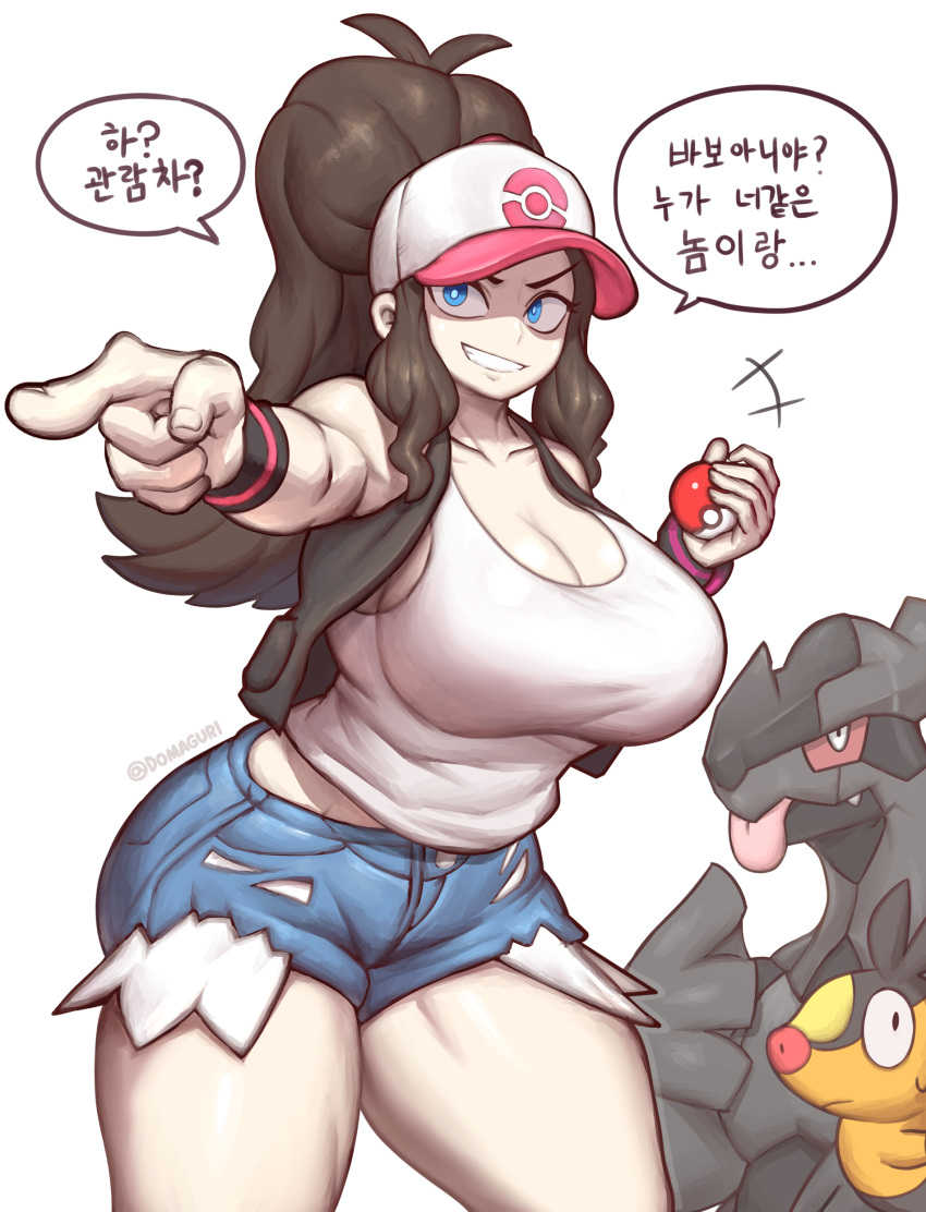 +++ 1girl absurdres alternate_body_size alternate_breast_size arm_up artist_name bare_shoulders baseball_cap black_vest black_wristband blue_eyes breasts brown_hair cleavage collarbone curvy denim denim_shorts domaguri evil_grin evil_smile exposed_pocket fingernails grin hand_up hat highres hilda_(pokemon) holding holding_poke_ball impossible_hair korean_text leaning_forward long_hair looking_at_viewer no_humans open_clothes open_vest outstretched_arm pointing poke_ball poke_ball_(basic) pokemon pokemon_(creature) pokemon_(game) pokemon_bw shorts smile solo_focus tepig tongue tongue_out translation_request twitter_username v-shaped_eyebrows very_long_hair vest wristband zekrom
