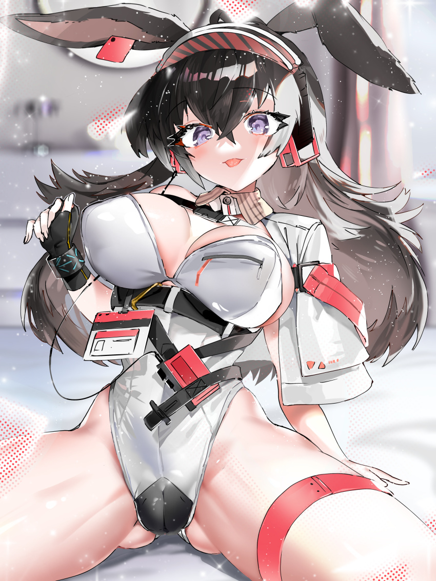 1girl :p absurdres animal_ears april_(arknights) arknights bed_sheet black_gloves black_hair blush bracelet breasts capelet cleavage fingerless_gloves gloves hairband highres id_card indoors infection_monitor_(arknights) jewelry large_breasts leotard light_particles long_hair looking_at_viewer on_bed playboy_bunny purple_eyes rabbit_ears red_hairband sitting smile solo spread_legs strapless strapless_leotard tekona0 thigh_strap tongue tongue_out very_long_hair white_capelet white_leotard