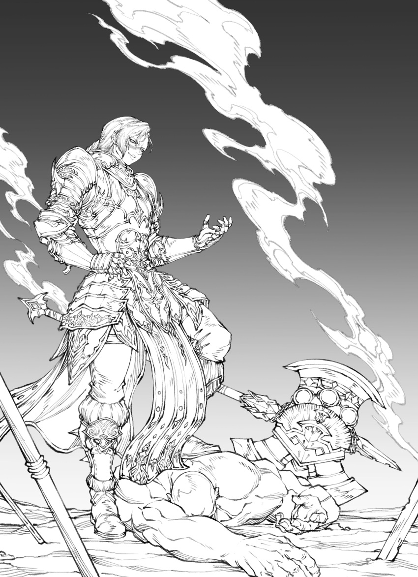 1girl absurdres armor avatar_(ff14) axe battle_axe commentary commission corpse english_commentary final_fantasy final_fantasy_xiv g_studio greyscale highres long_hair monochrome outdoors ponytail roegadyn smoke solo war_paint warrior_(final_fantasy) weapon