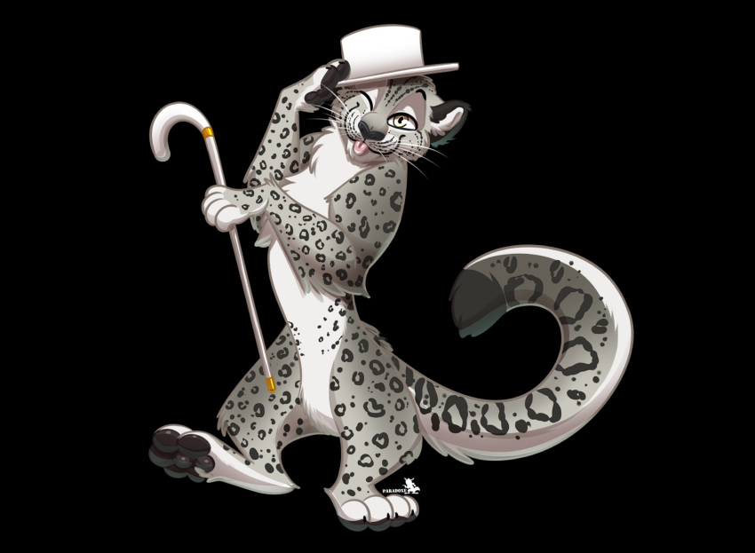 absurd_res anthro black_background black_pawpads black_spots black_tipped_tail blep cane chest_tuft clothing dancing felid feral fur hat headgear headwear hi_res male mammal one_eye_closed pantherine paradoxe pawpads simple_background snairster snow_leopard solo spots tongue tongue_out top_hat top_hat_only tuft whiskers white_body white_fur wink