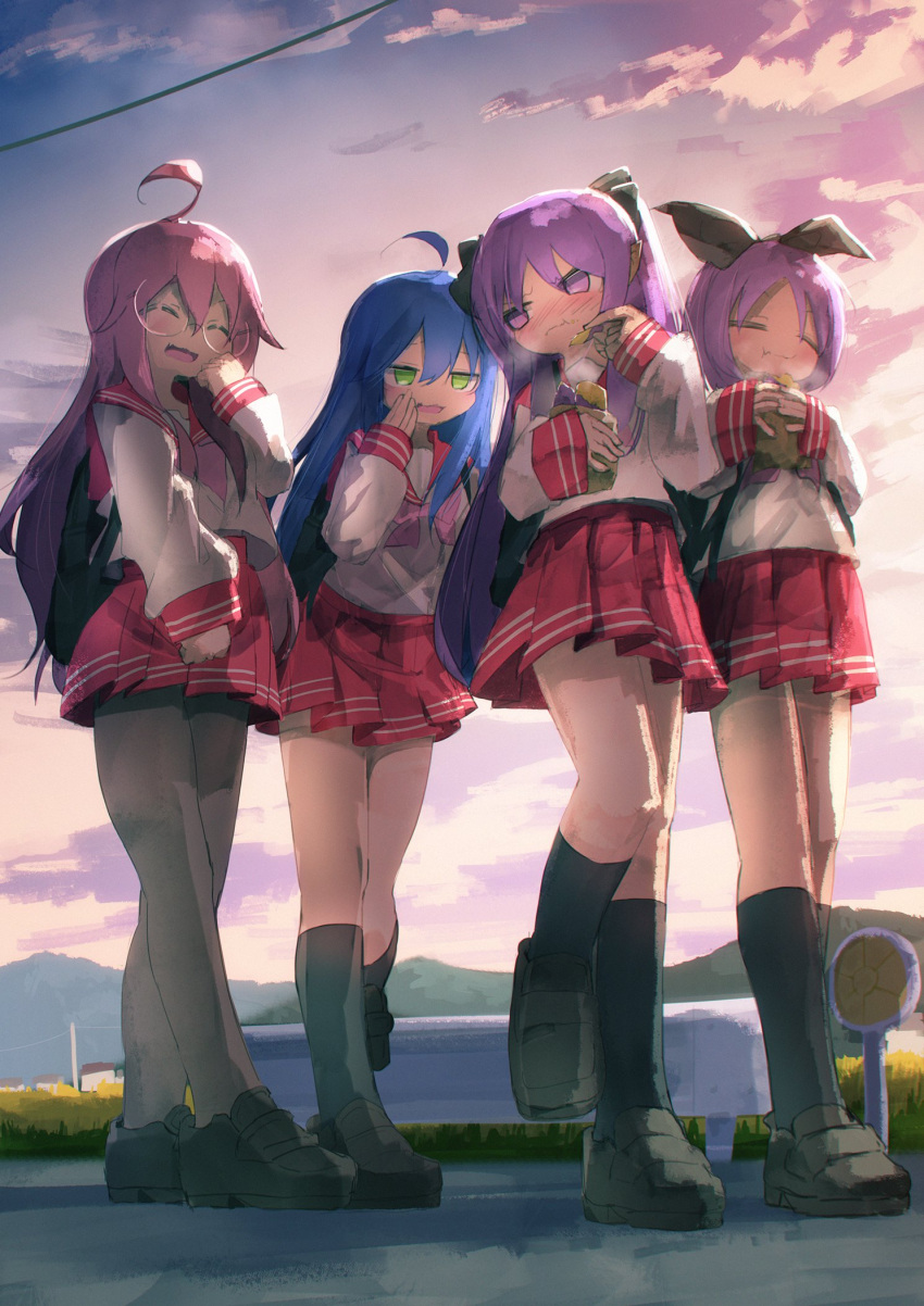 4girls bag blue_hair blush closed_eyes cloud cloudy_sky eating glasses green_eyes hair_between_eyes highres hiiragi_kagami hiiragi_tsukasa izumi_konata lucky_star multiple_girls open_mouth pink_hair purple_eyes purple_hair red_sailor_collar red_skirt sailor_collar school_uniform skirt sky takara_miyuki takenuco