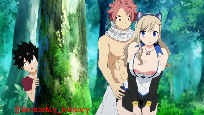 absurdres blonde_hair blue_eyes breasts caught cheating_(relationship) clothed_sex eden's_zero fairy_tail highres large_breasts natsu_dragneel peeking public_indecency rebecca_bluegarden sex sex_from_behind shiki_granbell standing standing_sex thighs