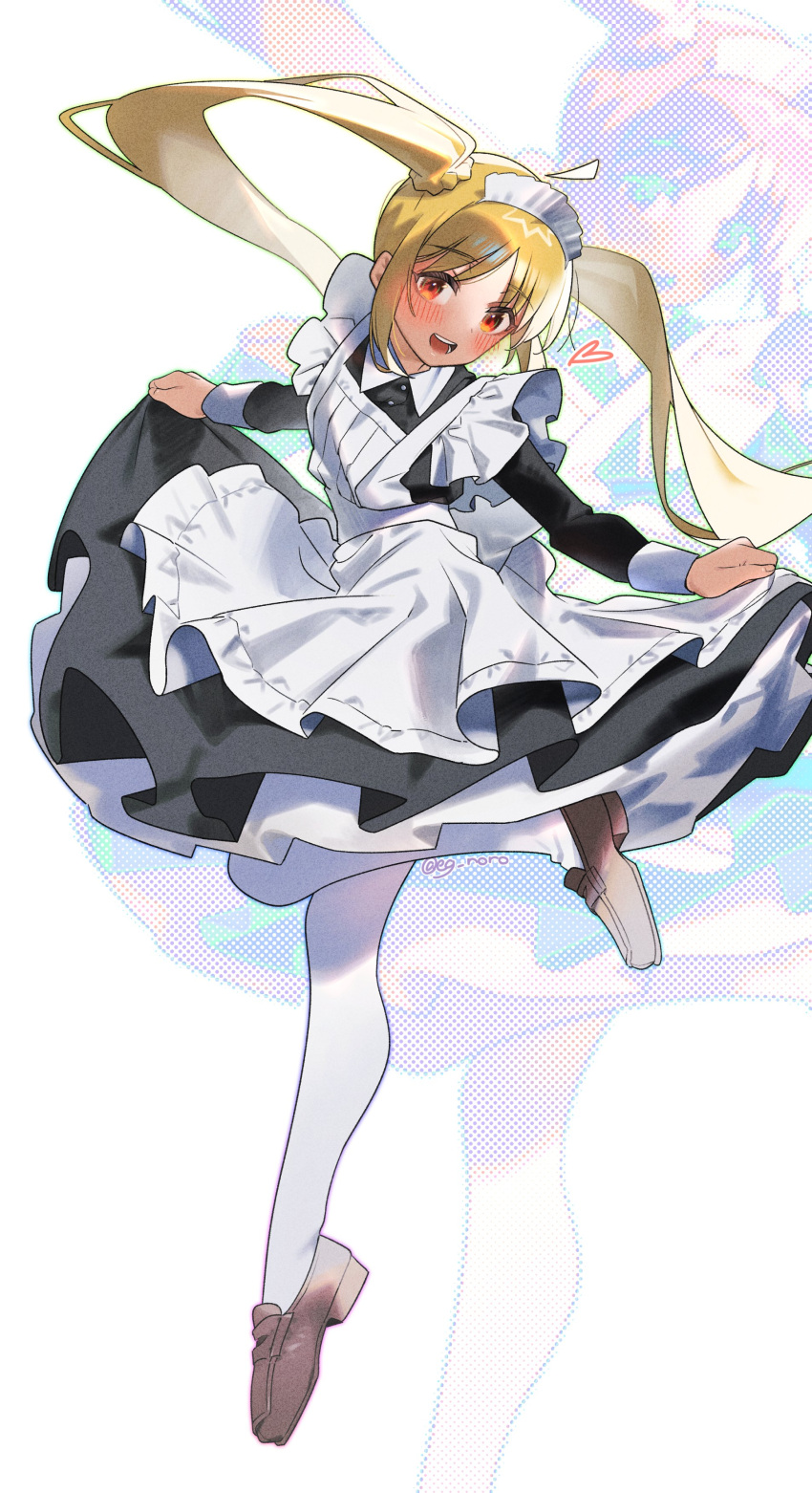 1girl absurdres ahoge apron black_dress blonde_hair blush bocchi_the_rock! commentary_request detached_ahoge dress floating_hair full_body grey_footwear highres ijichi_nijika long_hair long_sleeves looking_at_viewer maid_apron maid_headdress open_mouth pantyhose parted_bangs red_eyes side_ponytail simple_background skirt_hold smile sofa_(enogunomu) solo teeth twitter_username very_long_hair white_apron white_background white_pantyhose zoom_layer