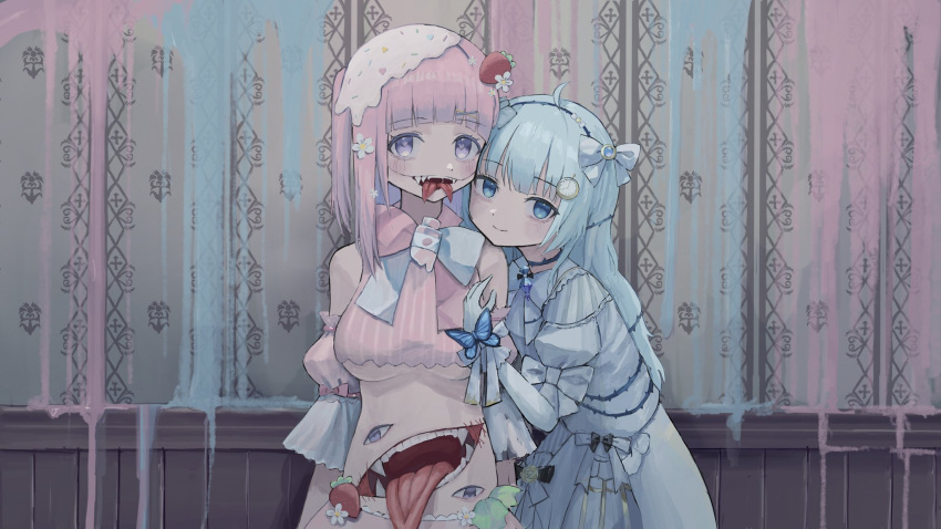 2girls ahoge blue_dress blue_eyes blue_gloves blue_hair blunt_bangs blush bow bug butterfly character_request choker clock_hair_ornament closed_mouth commentary_request commission copyright_request cowboy_shot detached_sleeves dot_nose dress extra_eyes extra_mouth extra_tongue fangs flower food-themed_hair_ornament gloves hair_bow hair_flower hair_ornament hairband heart heart-shaped_pupils highres leaning_forward long_hair long_sleeves looking_at_viewer multiple_girls open_mouth pink_hair purple_eyes sakiika0513 skeb_commission stitches straight_hair strawberry_hair_ornament symbol-shaped_pupils tongue tongue_out