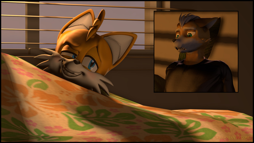 anthro bedding blanket blinds blush canid canine chadchan3d comic_panel duo evil_grin fox fox_mccloud hi_res looking_at_another looking_back male mammal miles_prower nintendo sega smile smug_face smug_grin sonic_the_hedgehog_(series) star_fox surprise